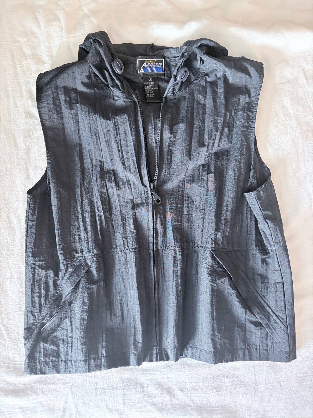 sporty navy nylon vest with hood